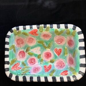 Handmade Ceramic  Open Casserole Roses&Hearts on Mint Green Rectangle 13”